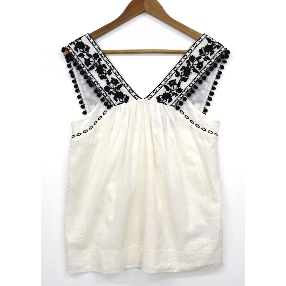 J CREW 100% COTTON TANK TOP FLORAL BLACK EMBROIDERED POM POM BABYDOLL Size 4